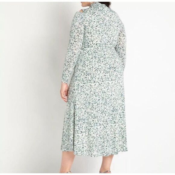 ELOQUII Dress Womens 16 Slash Shoulder Midi NEW Green Dot Print Long Sleeve - Picture 3 of 15